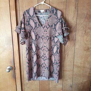 KARLEE Womens Snake Print Dress Size L Ruffle Sleeve V-Neck Polyester